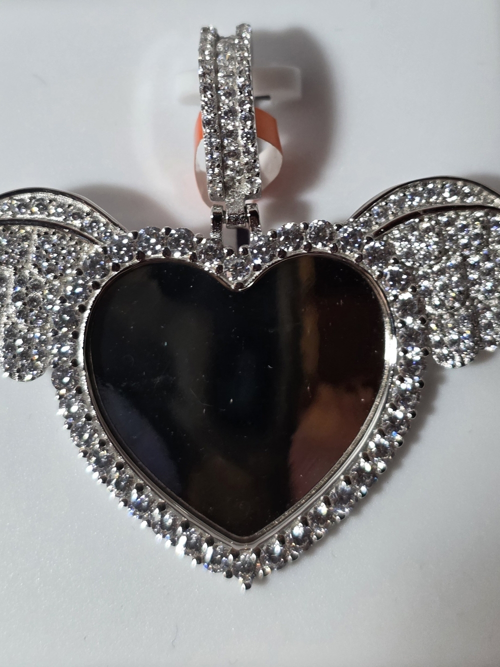 Silver Moissanite Heart Wing Pendant  Sparkling 9.25 Silver Mirrored Heart